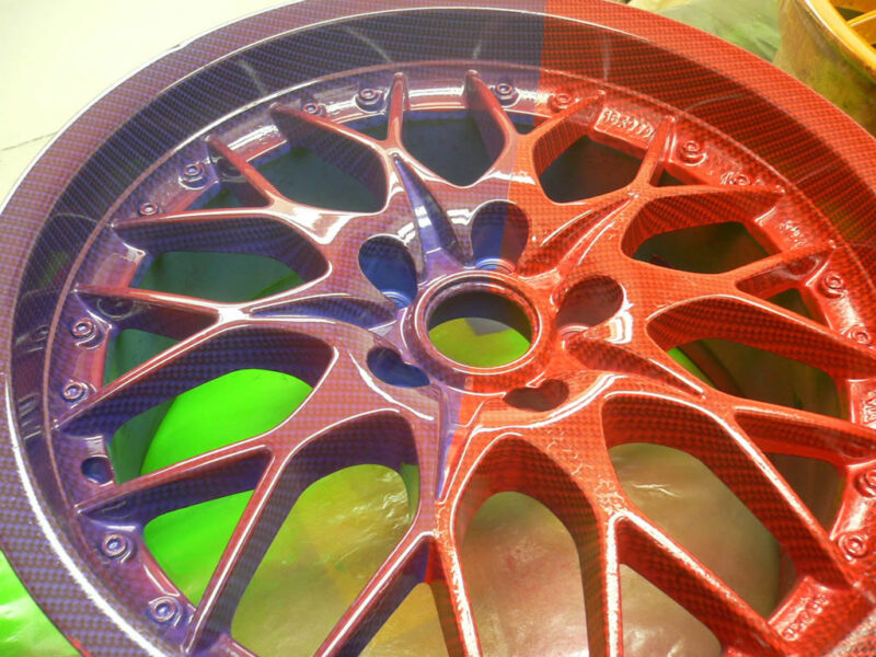 Carbon dipped wheel half red base half blue with red candy laquer