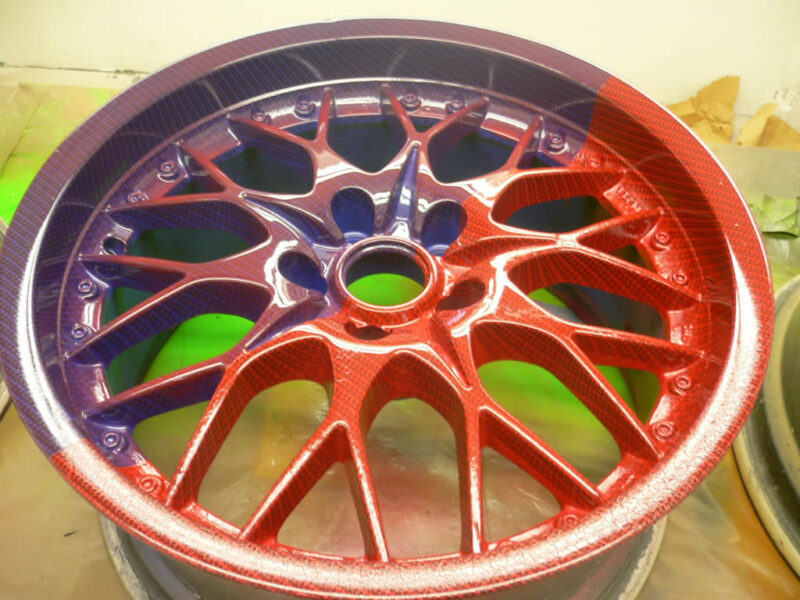 Carbon dipped wheel half red base half blue with red candy laquer