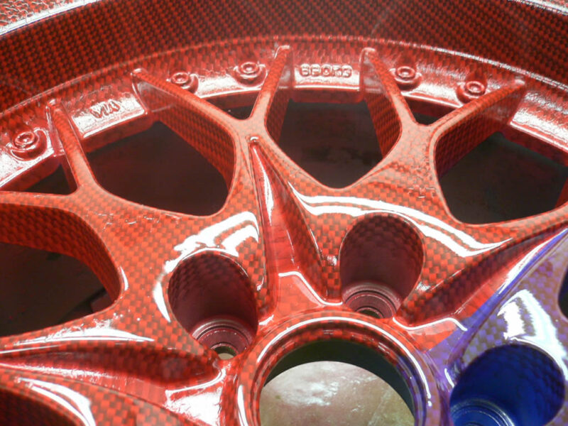 Carbon dipped wheel half red base half blue with red candy laquer