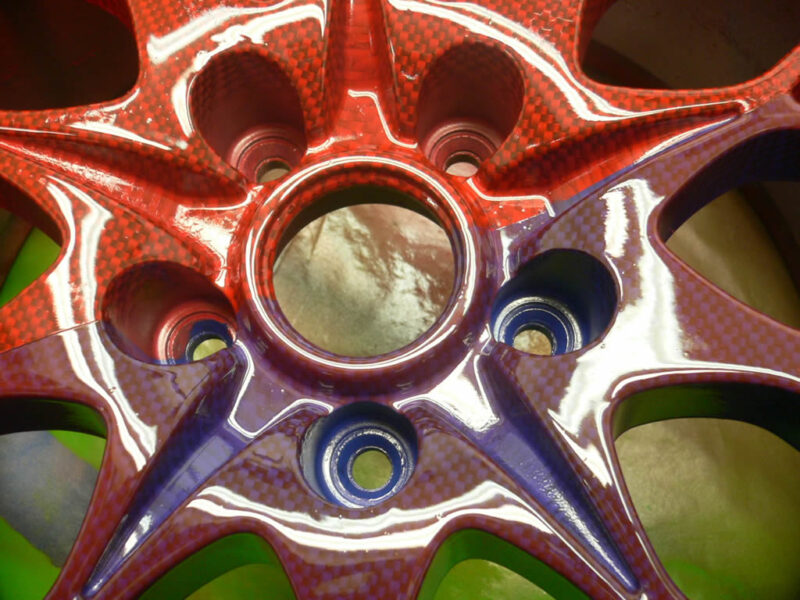 Carbon dipped wheel half red base half blue with red candy laquer
