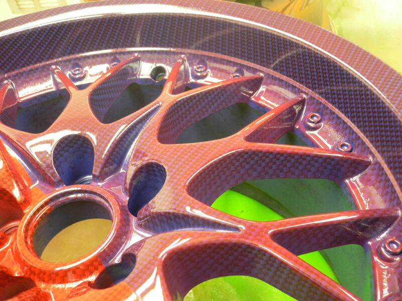 Carbon dipped wheel half red base half blue with red candy laquer