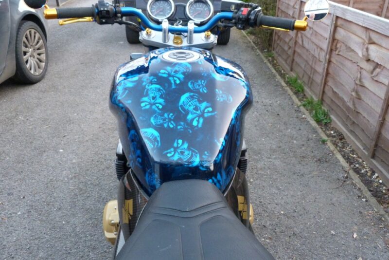 Head on view of carbon dipped petrol tank