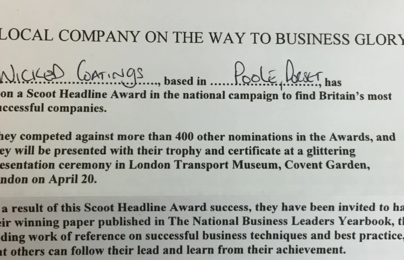 Wicked Coatings Nominated In Search For Britain’s Most Successful Company