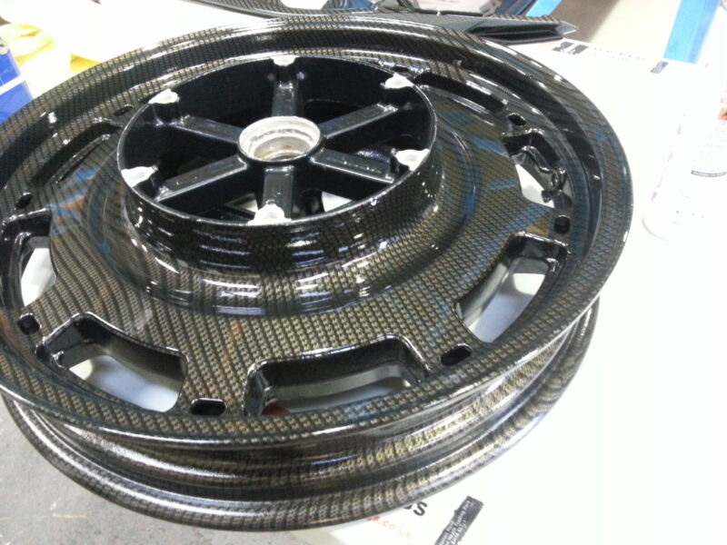 Motorbike Alloy Wheels Coated In Carbon Fibre Painted Black