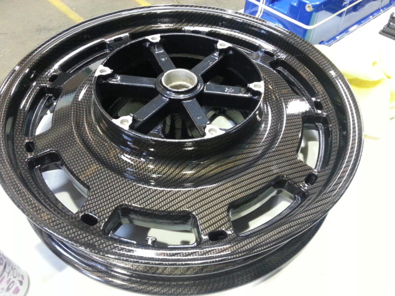 Motorbike Alloy Wheels Coated In Carbon Fibre Painted Black