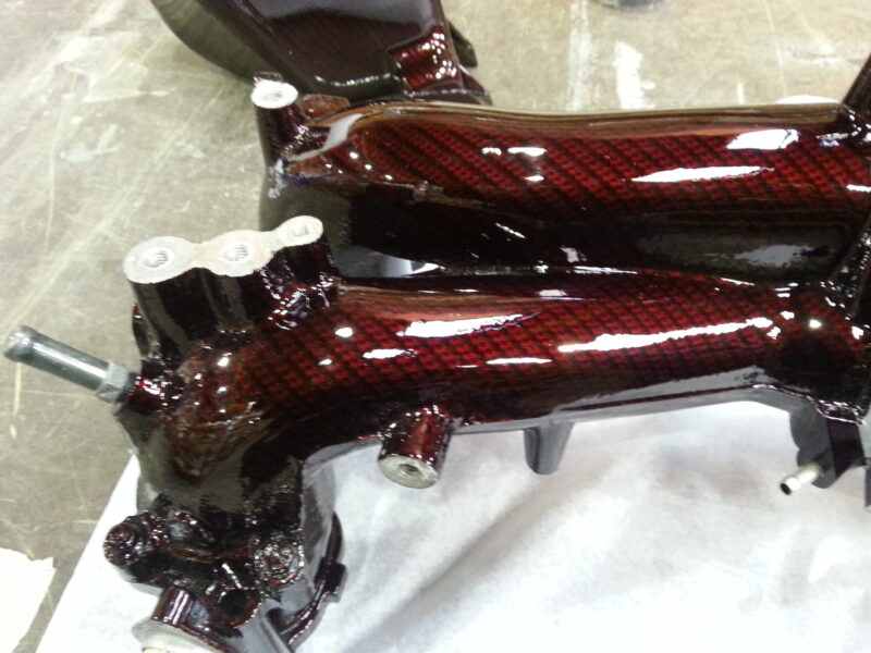 Car Engine Parts Coated In Carbon Fibre Hydrographic Film Painted Dark Red