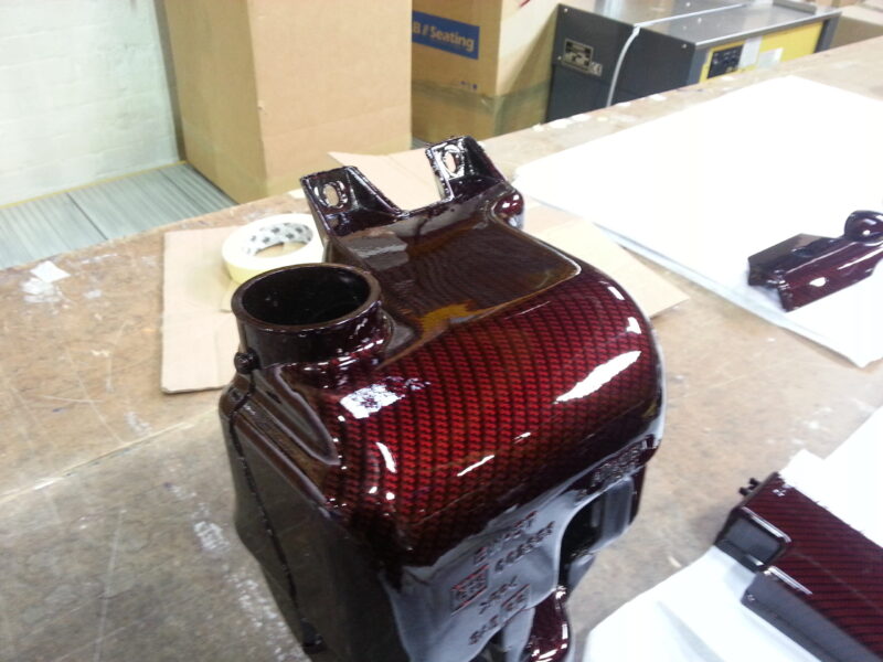 Car Engine Parts Coated In Carbon Fibre Hydrographic Film Painted Dark Red