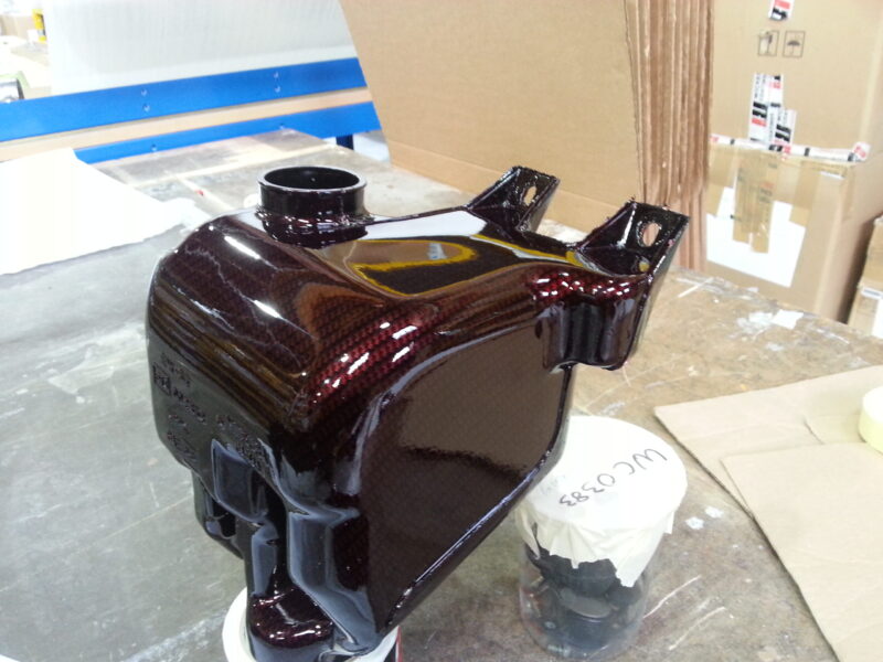 Car Engine Parts Coated In Carbon Fibre Hydrographic Film Painted Dark Red