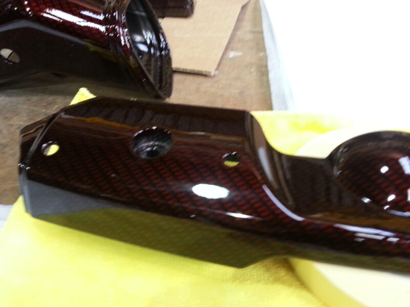 Car Engine Parts Coated In Carbon Fibre Hydrographic Film Painted Dark Red