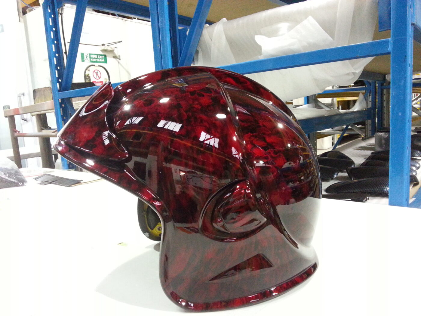 Fire Helmet Coated In Skull Hydrographic Film Painted Dark Red