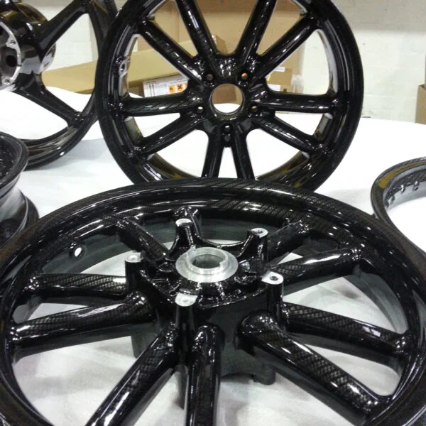 Motorbike wheels coated in carbon fibre