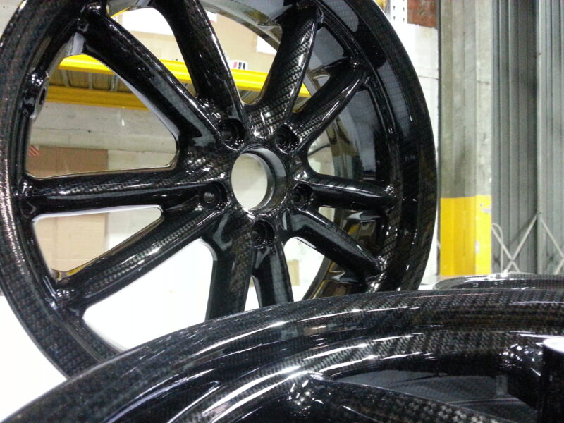 Motorbike wheels coated in carbon fibre