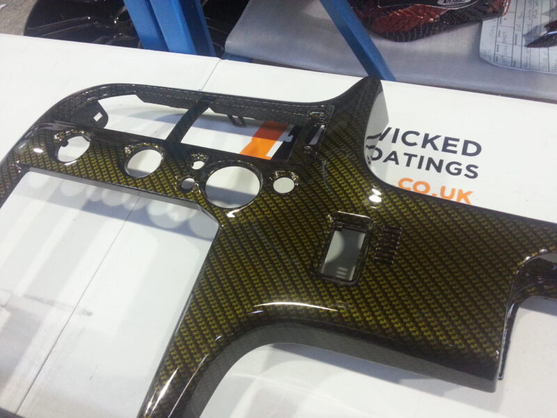 Car Interior Various Elements Coated In Carbon Fibre Hydrographic Film Painted Dark Yellow