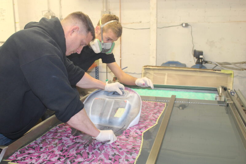 Motorbike tank painted in white, coated in fancy como hydrographic film.