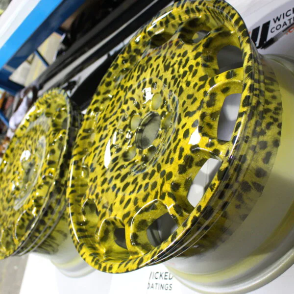 Mercedes alloy wheels coated in yellow panther coating