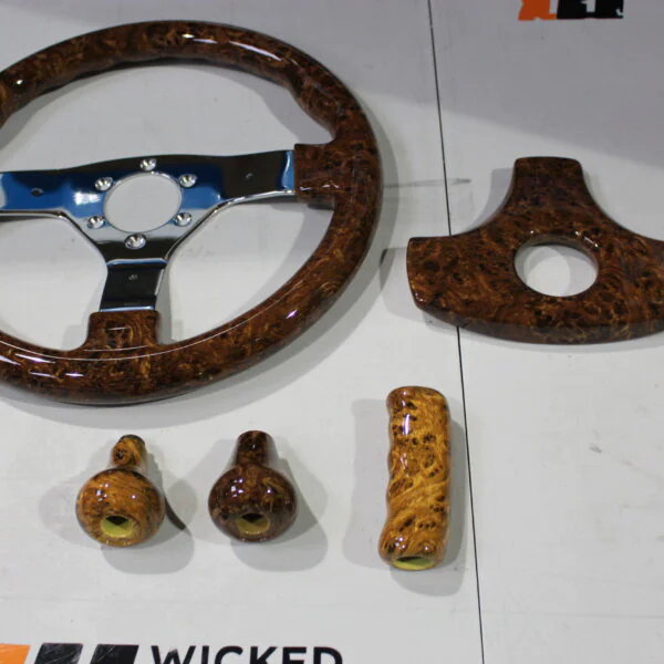 Car steering wheel coated in wood