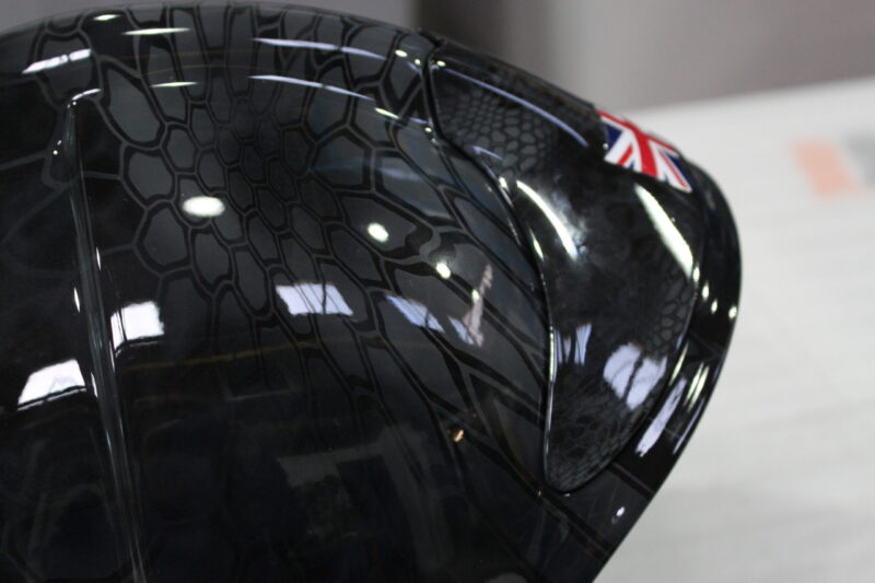 Fire Helmet Coated In Camouflage Hydrographic Film Painted Black