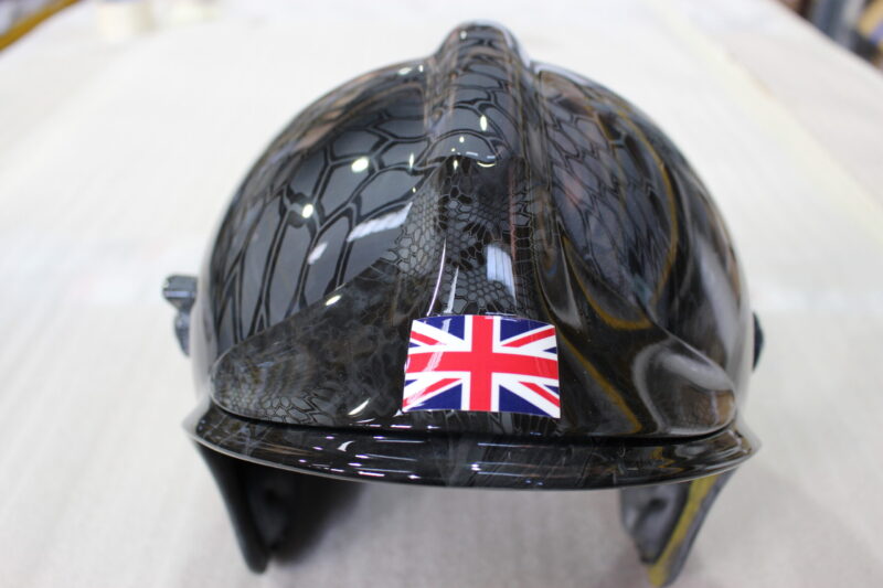 Fire Helmet Coated In Camouflage Hydrographic Film Painted Black