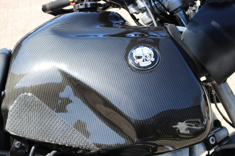 Motorbike tank coated in carbon fibre