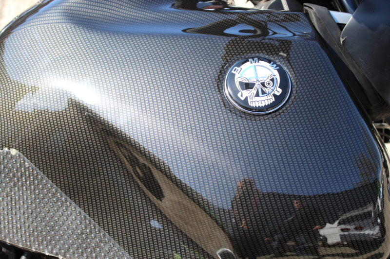 Motorbike tank coated in carbon fibre