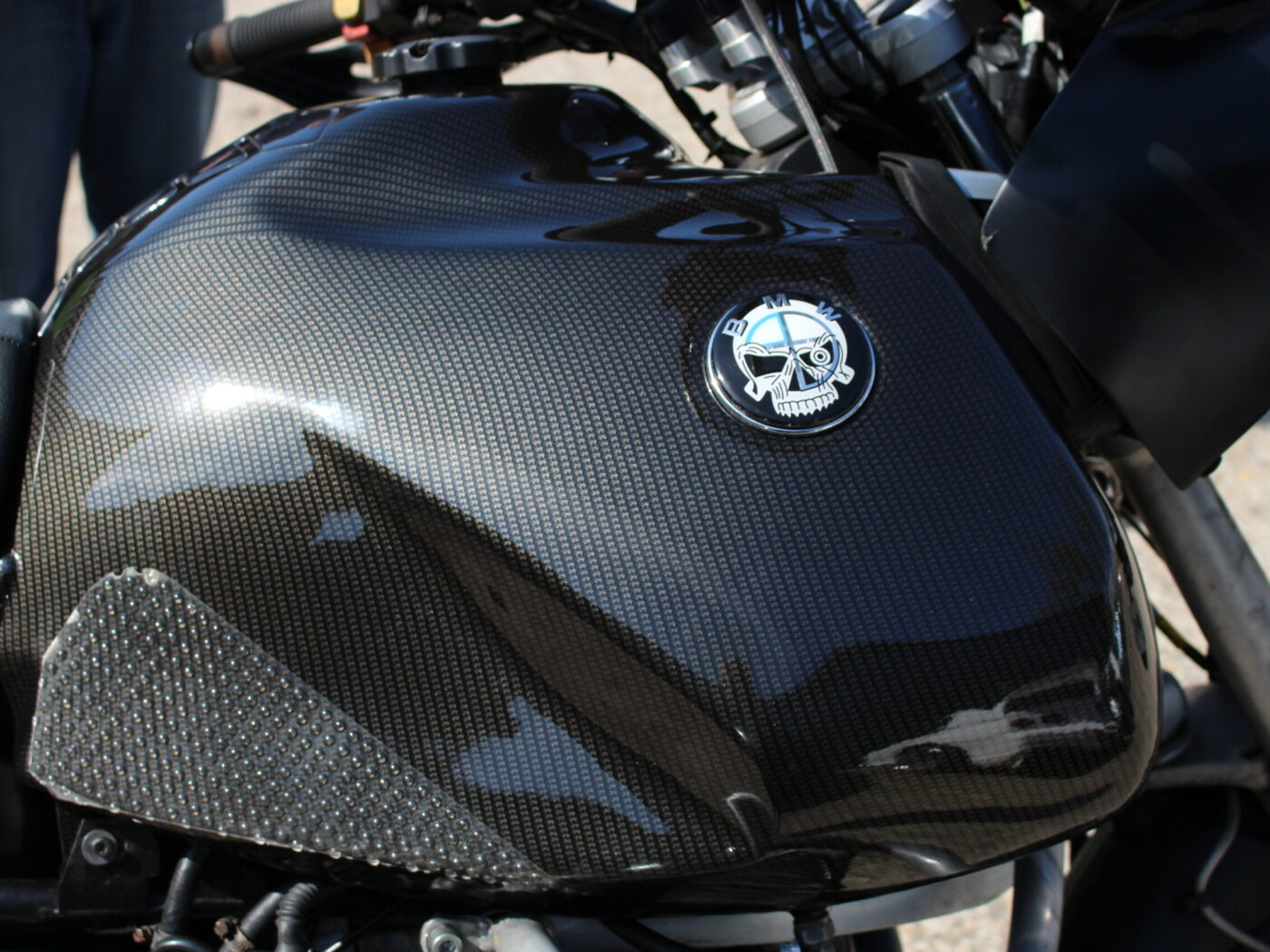 Motorbike tank coated in carbon fibre