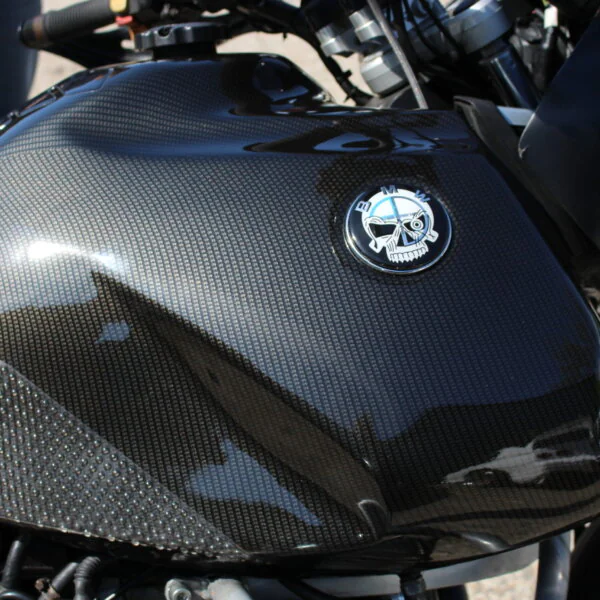 Motorbike tank coated in carbon fibre