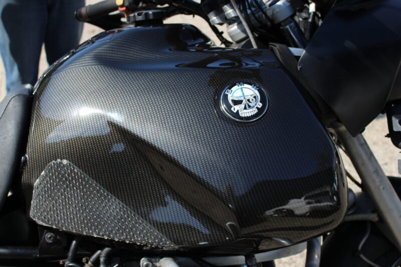 Motorbike tank coated in carbon fibre