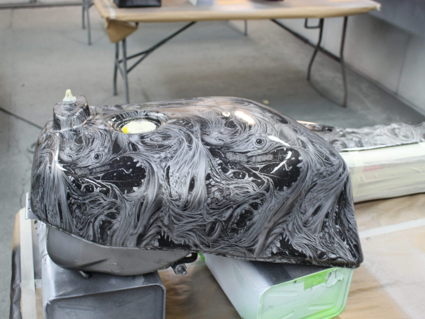 Motorbike parts coated in horror theme hydrographic film