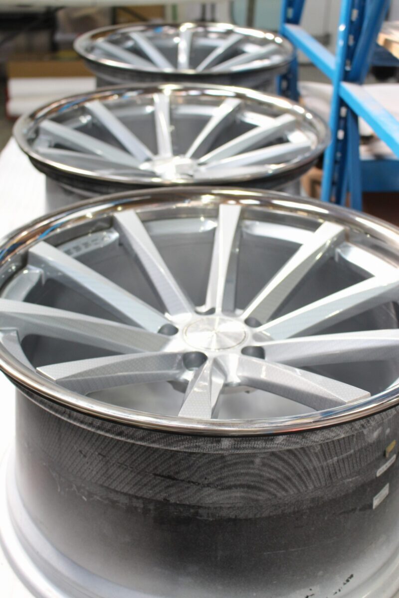 Car Alloy Wheels (Vossen) Coated In Carbon Fibre Painted Grey