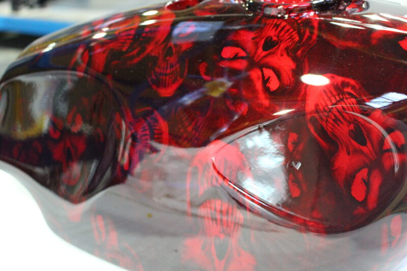 Motorbike Tank Coated In Skull Painted Red