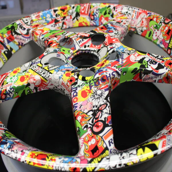 Car Alloy Wheels Coated In Sticker Bomb Hydrographic Film