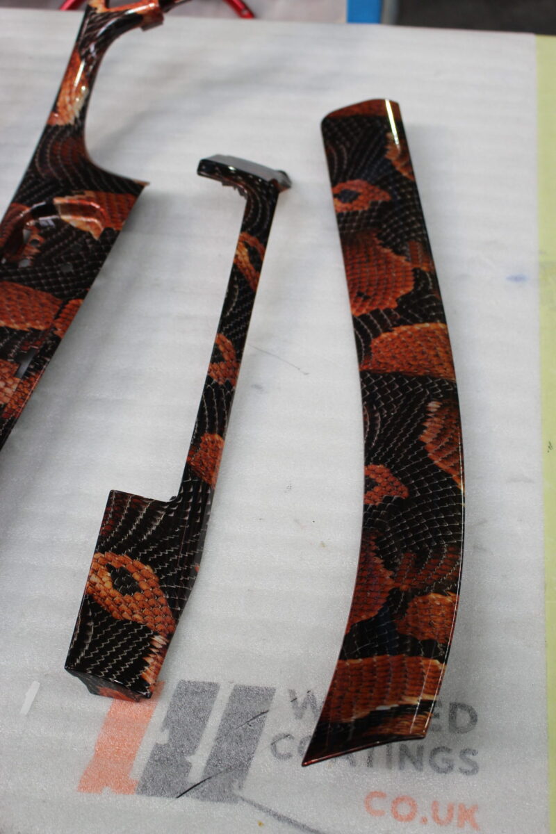 Car interior elements coated in snake hydrographic film – Wicked Coatings