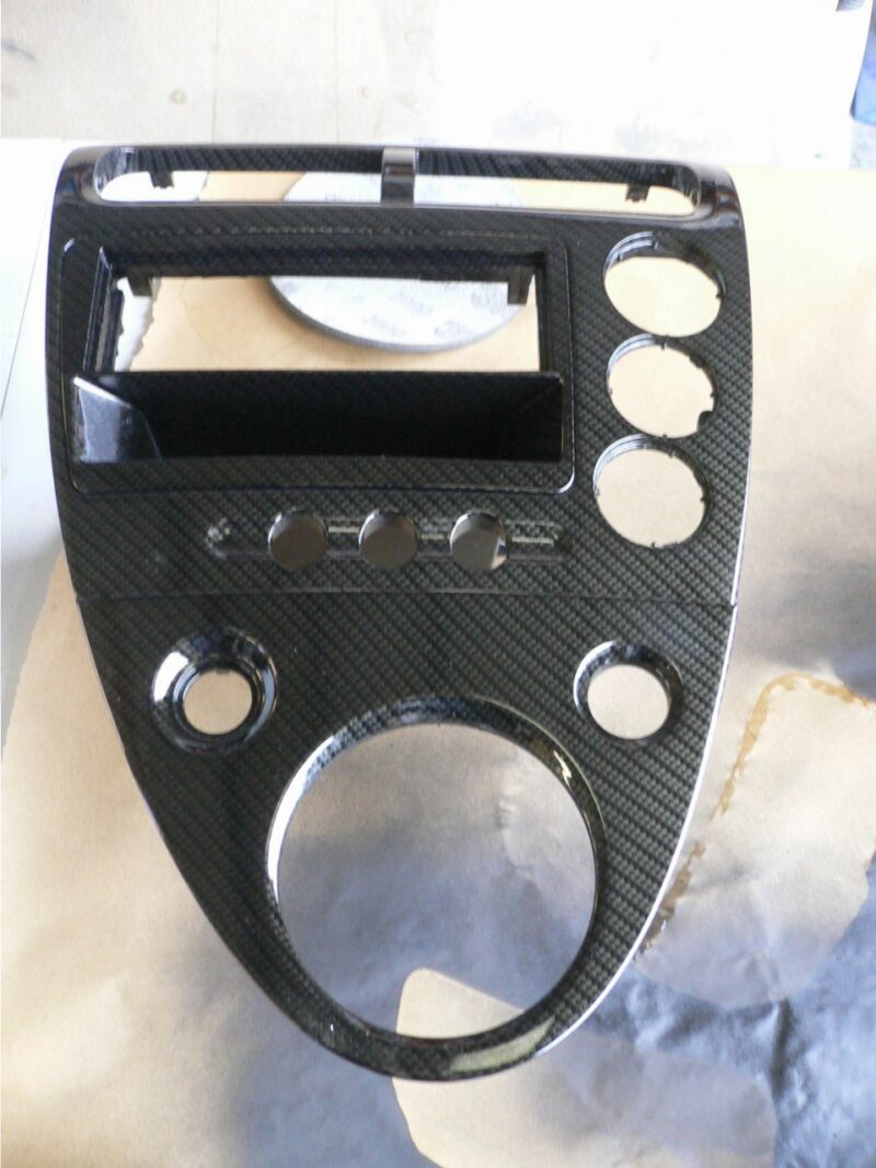 Car interior various elements coated in carbon fibre hydrographic film painted black