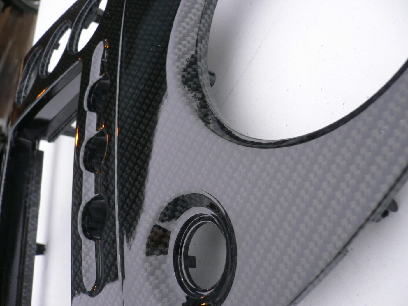 Car interior various elements coated in carbon fibre hydrographic film painted black