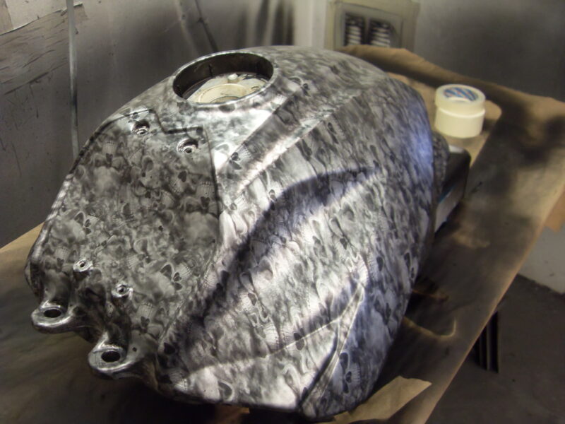 Motorbike Tank Coated In Skull Hydrographic Film Painted Red