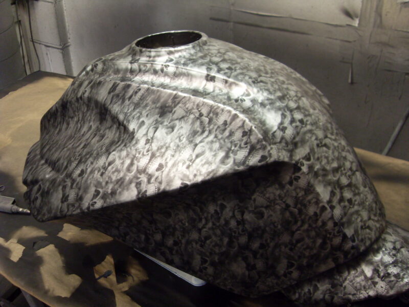 Motorbike Tank Coated In Skull Hydrographic Film Painted Red