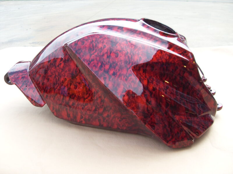 Motorbike Tank Coated In Skull Hydrographic Film Painted Red