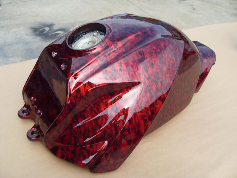 Motorbike Tank Coated In Skull Hydrographic Film Painted Red