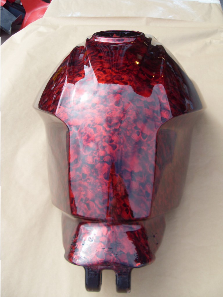Motorbike Tank Coated In Skull Hydrographic Film Painted Red