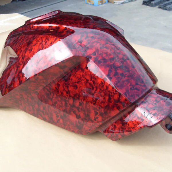 Motorbike Tank Coated In Skull Hydrographic Film Painted Red