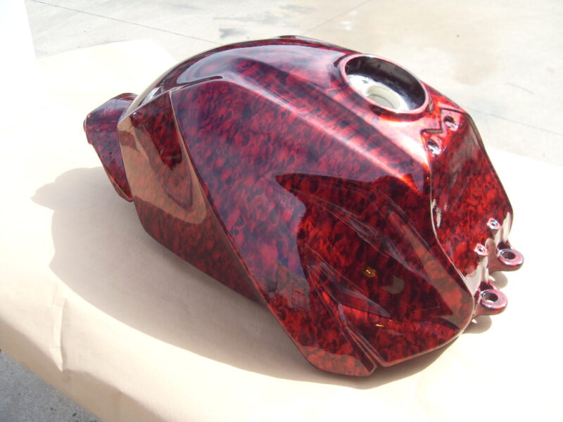 Motorbike Tank Coated In Skull Hydrographic Film Painted Red