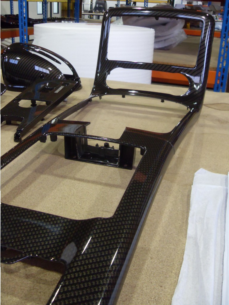 Car interior various parts coated in carbon fibre hydrographic film painted black