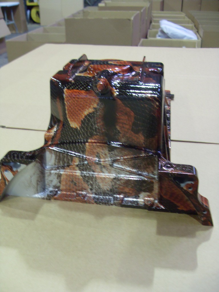 Car Engine Part Coated In Snake Hydrographic Film