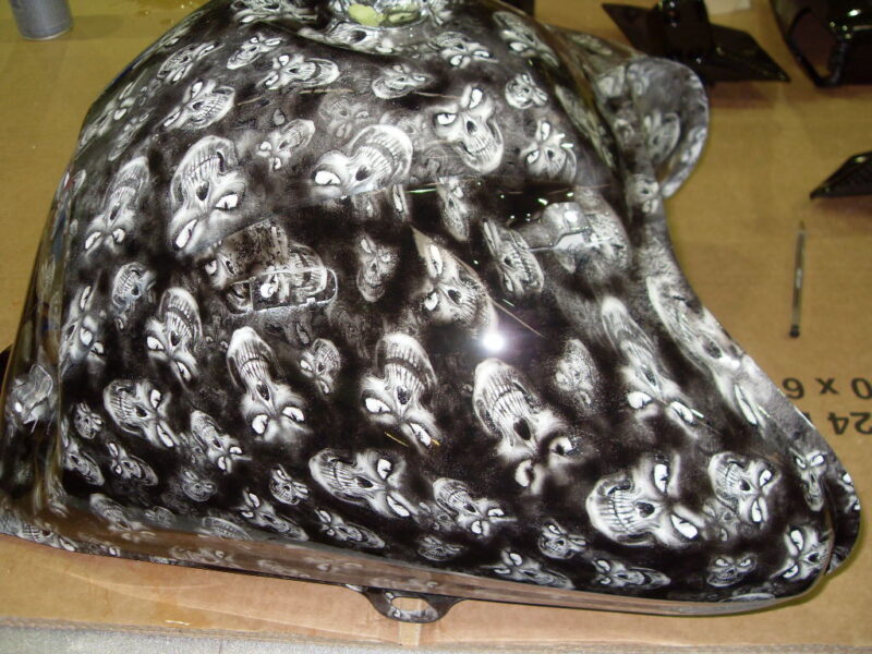 Motorbike Tank Coated In Skull Painted Black