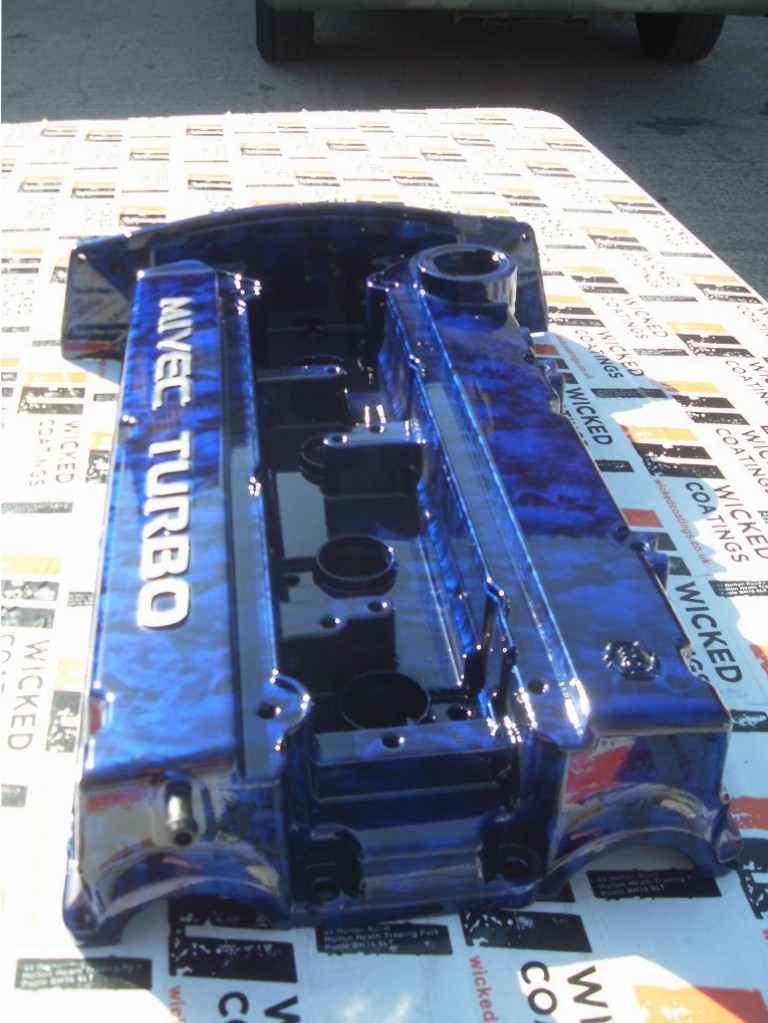 Car Engine Element Coated In Skull Hydrographic Film Painted Blue