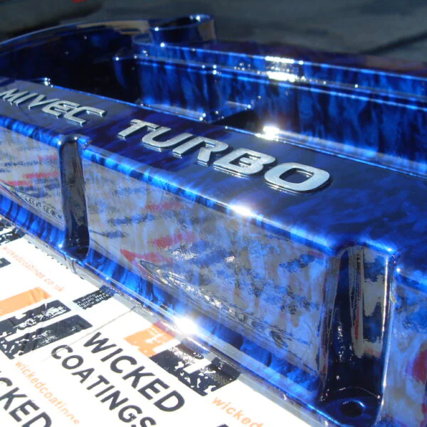 Car Engine Element Coated In Skull Hydrographic Film Painted Blue