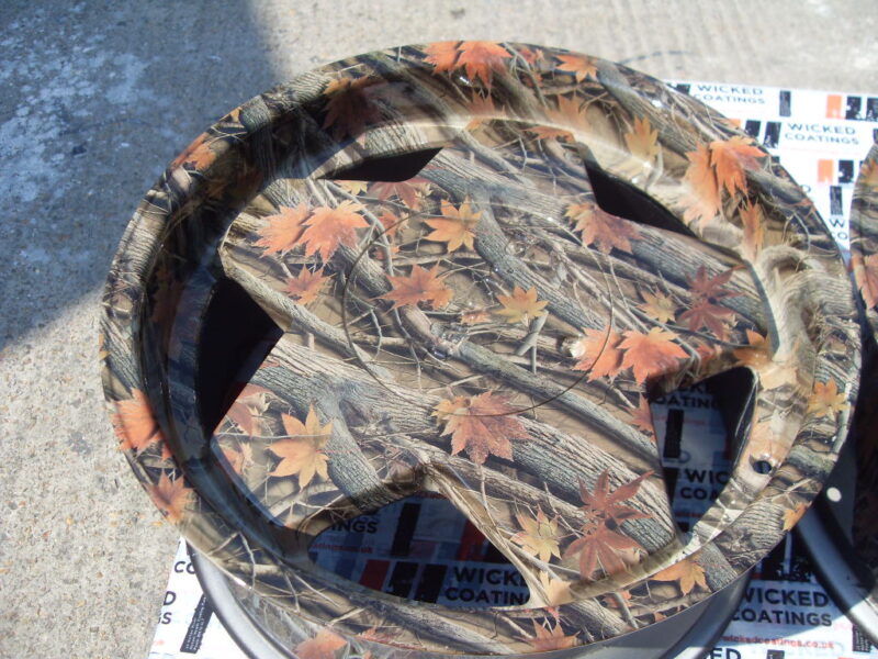 Car alloy wheels (Borbet A) coated in trees camouflage hydrographic film