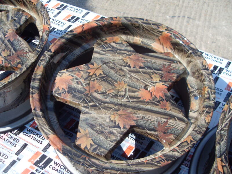 Car alloy wheels (Borbet A) coated in trees camouflage hydrographic film