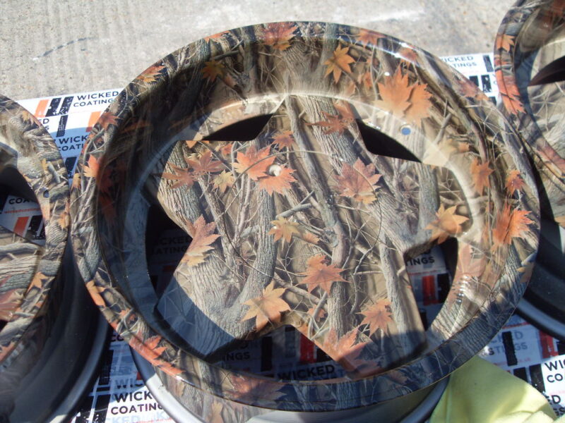 Car alloy wheels (Borbet A) coated in trees camouflage hydrographic film