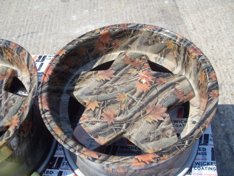 Car alloy wheels (Borbet A) coated in trees camouflage hydrographic film